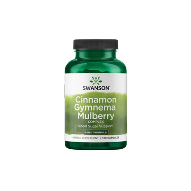 Swanson Cinnamon, Gymnema & Mulberry Complex 120 Capsules is a 3-in-1 formula combining cinnamon, gymnema, and mulberry to support blood sugar health.